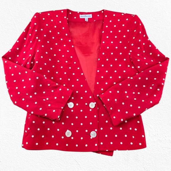 1980s Vintage David Brooks Red White Polka Dot Retro Career Skirt Suit Size 2 - Picture 3 of 16